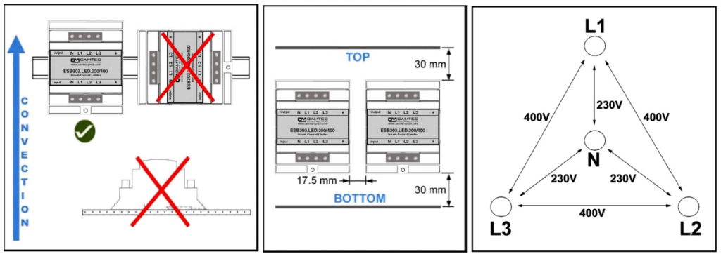 The distance between an ESB303 and the next active or temperature sensitive device shall be 17.5 mm.